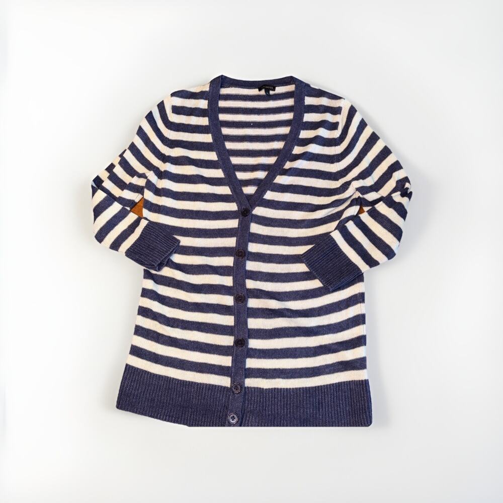 Talbots Linen Cardigan Womens Med Blue White Stripe Button Nautical 3/4 Sleeve - Picture 1 of 7